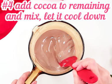 Adding cocoa powder to gelatin in saucepan.