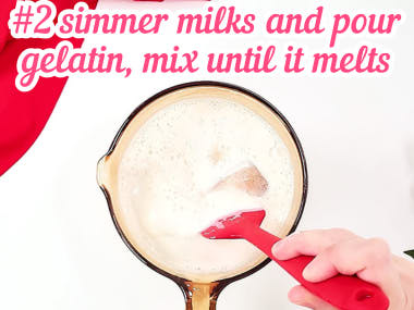 Add gelatin to simmered condensed milk and milk.