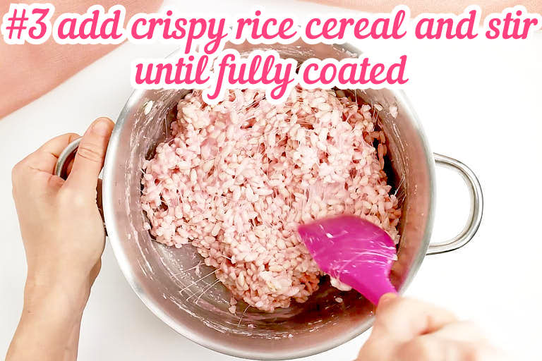 Adding rice krispies cereal and stirring until fully coated.